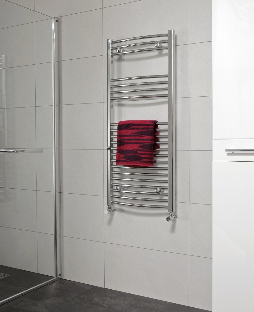 Curved 1200x500mm Heated Towel Rail with Chrome Finish