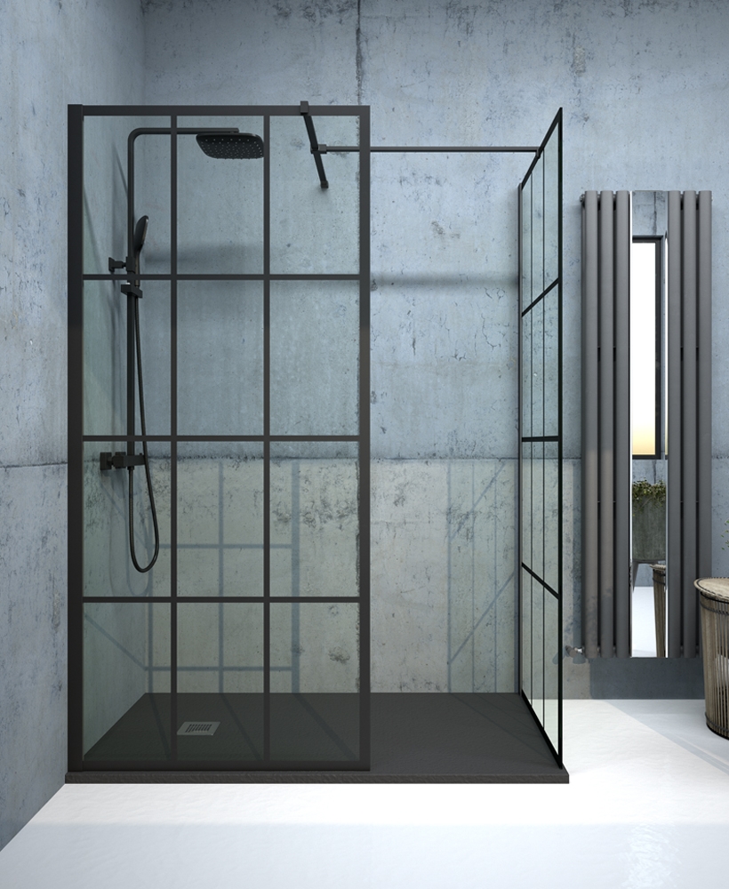 Apura Black Trellis 1400mm Wetroom Panel, Adjustment Min - Max 1370 - 1390mm