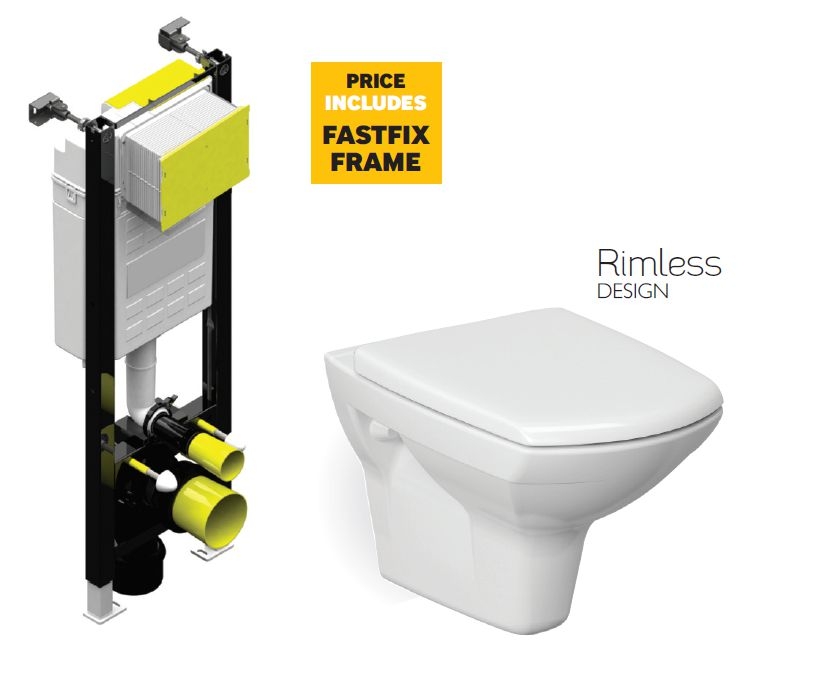 Nanuna Rimless Wall Hung Toilet with Horizontal Outlet and Soft Close Seat with Fastfix Frame