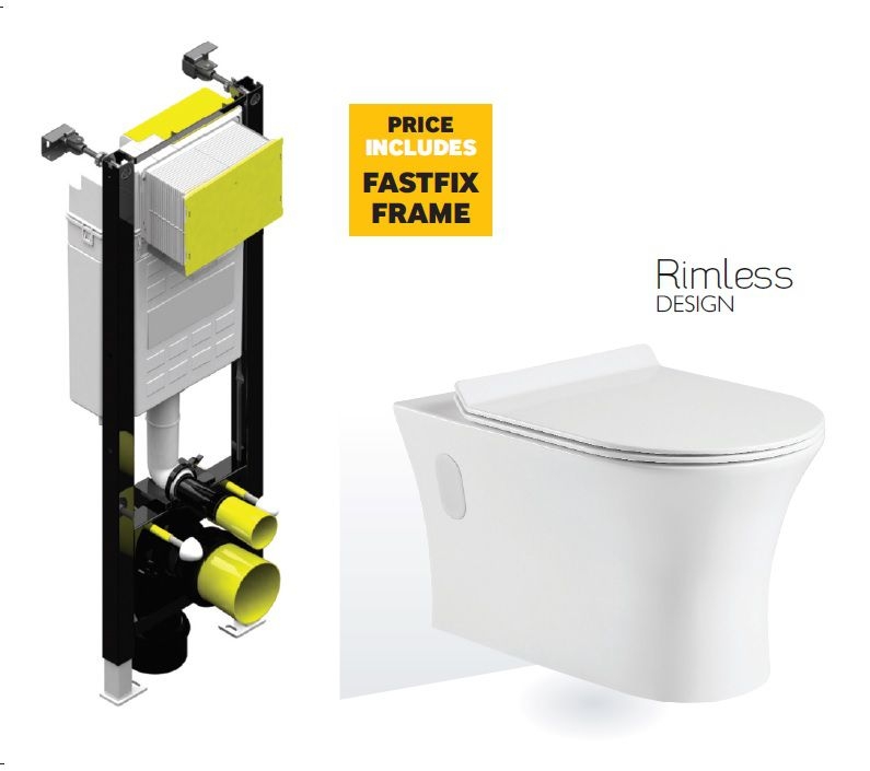 Bermuda Wall Hung RIMLESS Toilet with Quick Release SLIM Soft Close and Fastfix Frame