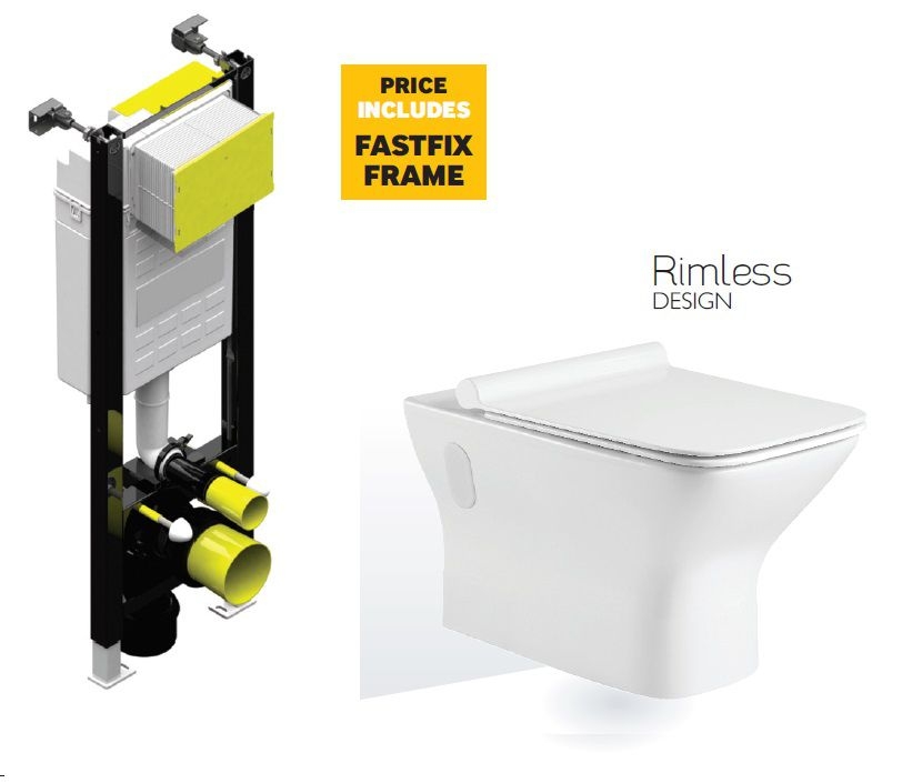 Caymen Wall Hung RIMLESS Toilet with Quick Release Soft Close SLIM Seat and Fast Fix Frame