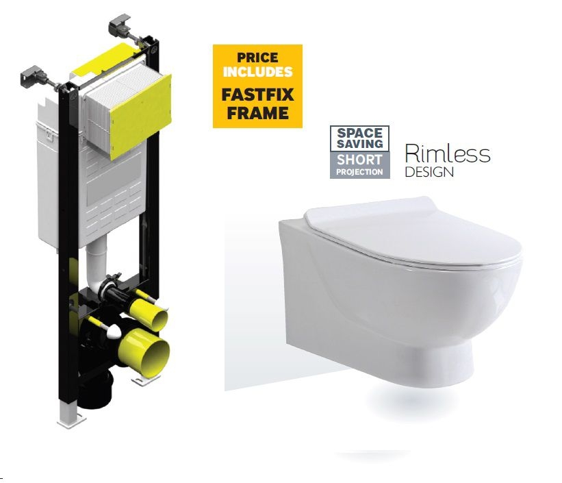 Antonia Rimless Wall Hung Toilet with SLIM Quick Release Soft Close Seat with Fastfix Frame