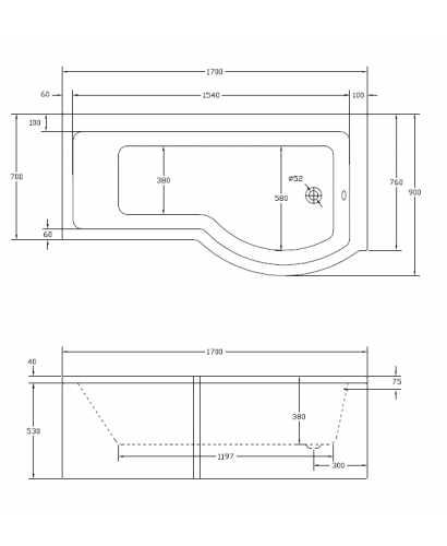 P Shaped Baths P Shape 1700 x 900 Right Hand Shower Bath with Bath ...