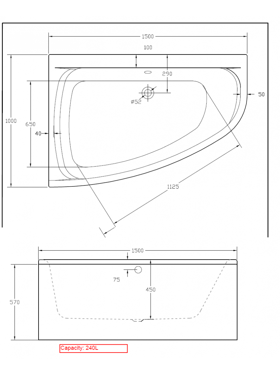 Corner Baths Mayfair 1500 x 1000mm Offset Corner Bath Left Hand & Bath
